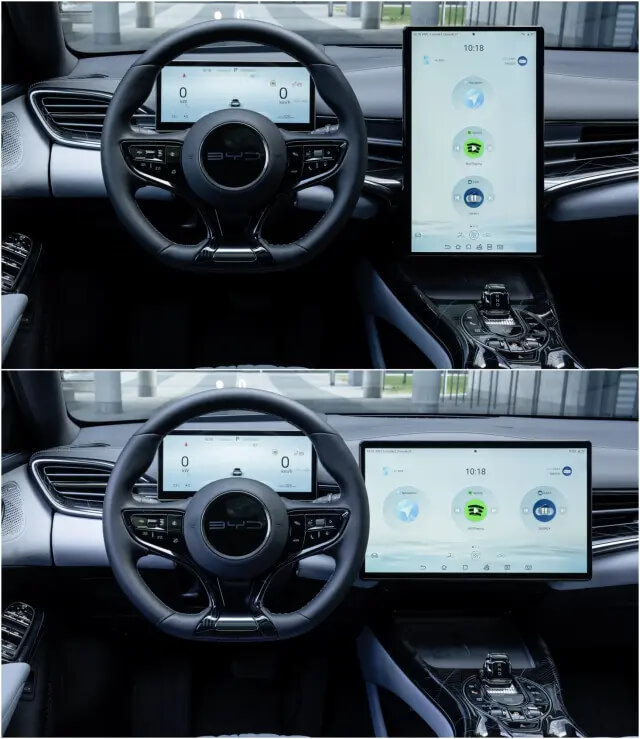 Pantalla táctil multimedia central en el interior futurista de un coche eléctrico BYD
